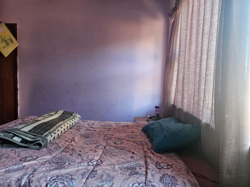 A bedroom featuring purple painted walls and window curtains.