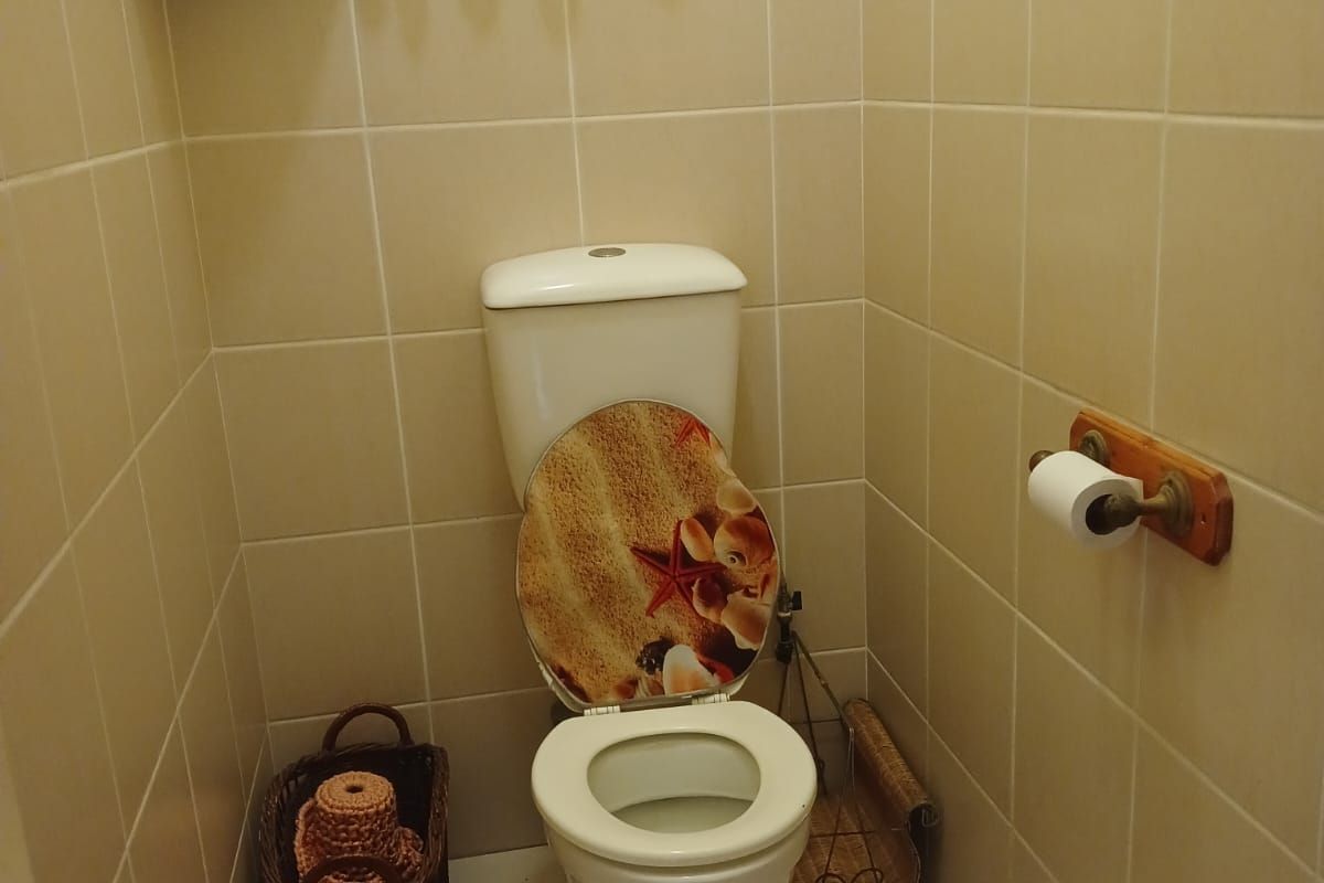 A compact bathroom featuring a standard toilet, neutral ceramic wall and floor tiling, and a functional toilet roll holder.
