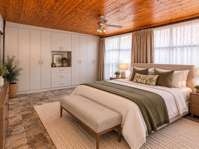 Spacious bedroom featuring extensive built-in cabinetry, a warm timber-clad ceiling, ceiling fan, and durable tiled flooring with large windows.