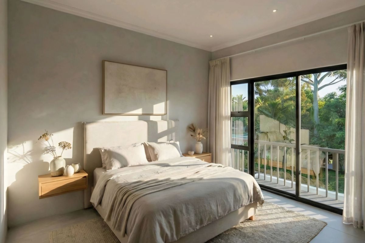 A bright and serene bedroom featuring neutral finishes, recessed lighting, and a large sliding glass door opening onto a private balcony.