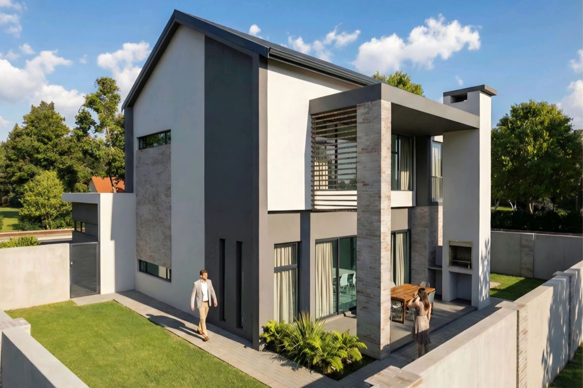 Modern double-story residence featuring a covered patio with a built-in braai, stone accents, and a well-maintained garden with perimeter walling.