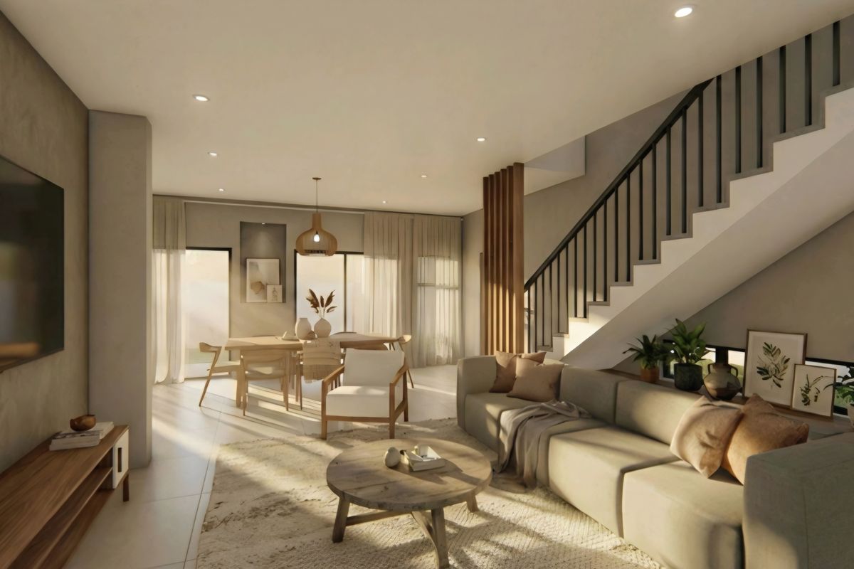 Modern open-plan living and dining area featuring tiled floors, recessed lighting, and a contemporary staircase with a timber slat feature.