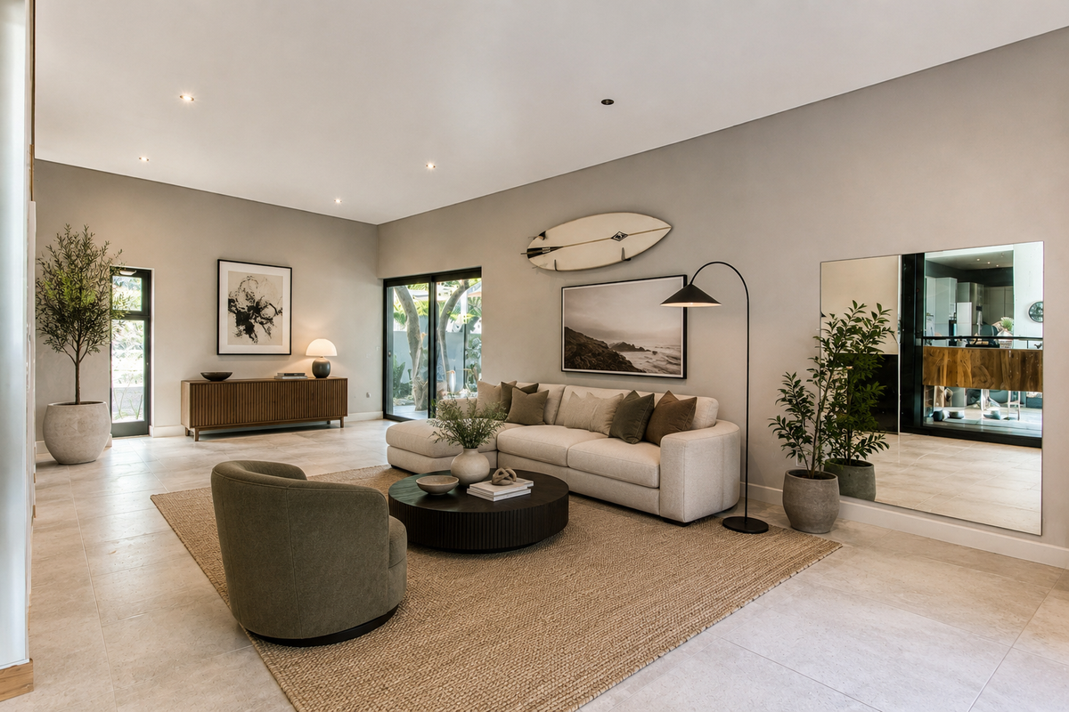 A bright and modern living room featuring neutral tiled flooring, recessed lighting, and large sliding glass doors that provide access to the outdoor area.
