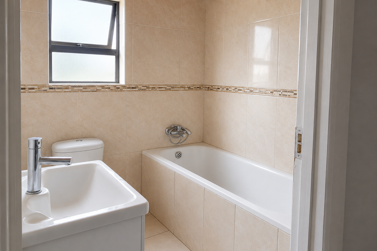 A functional bathroom featuring a bathtub, toilet, and vanity basin with neutral wall and floor tiling and a timber ceiling.