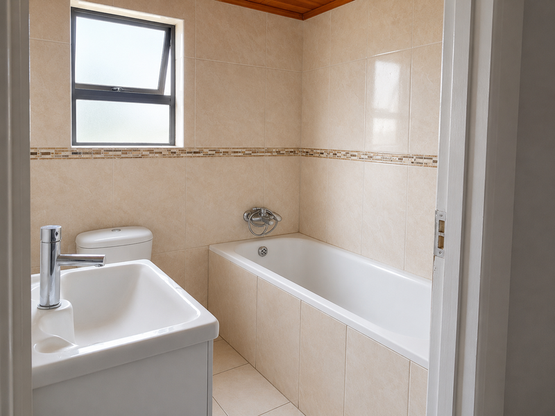 A functional bathroom featuring a bathtub, toilet, and vanity basin with neutral wall and floor tiling and a timber ceiling.
