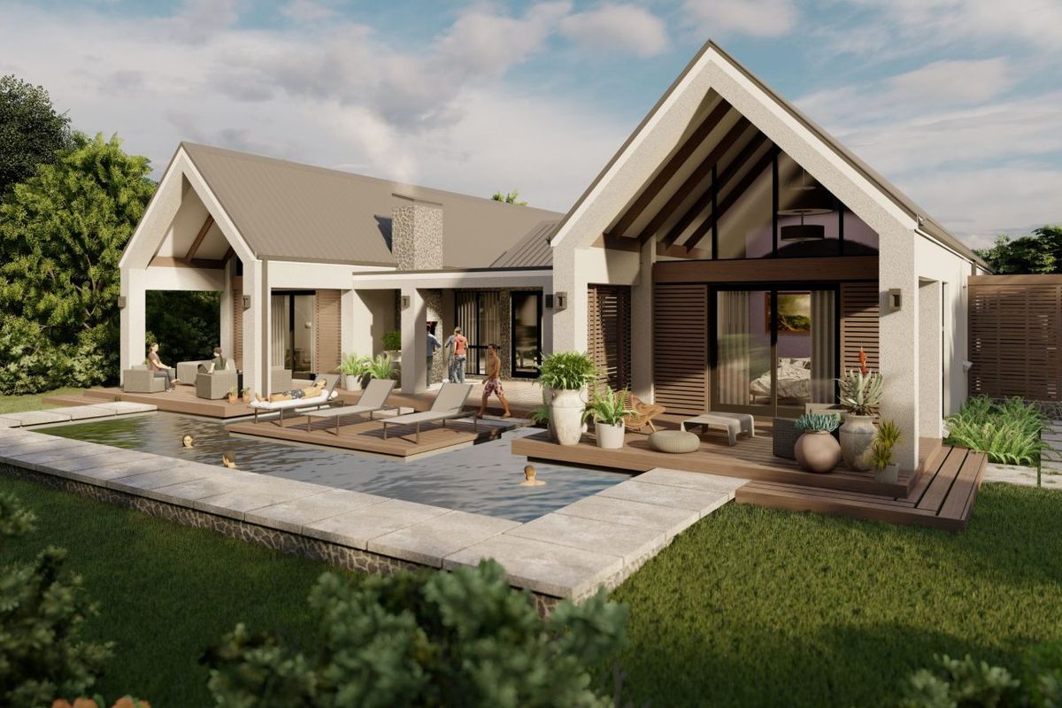 A high-quality architectural rendering of a modern residential property featuring a swimming pool, timber decking, and contemporary gabled roof design.