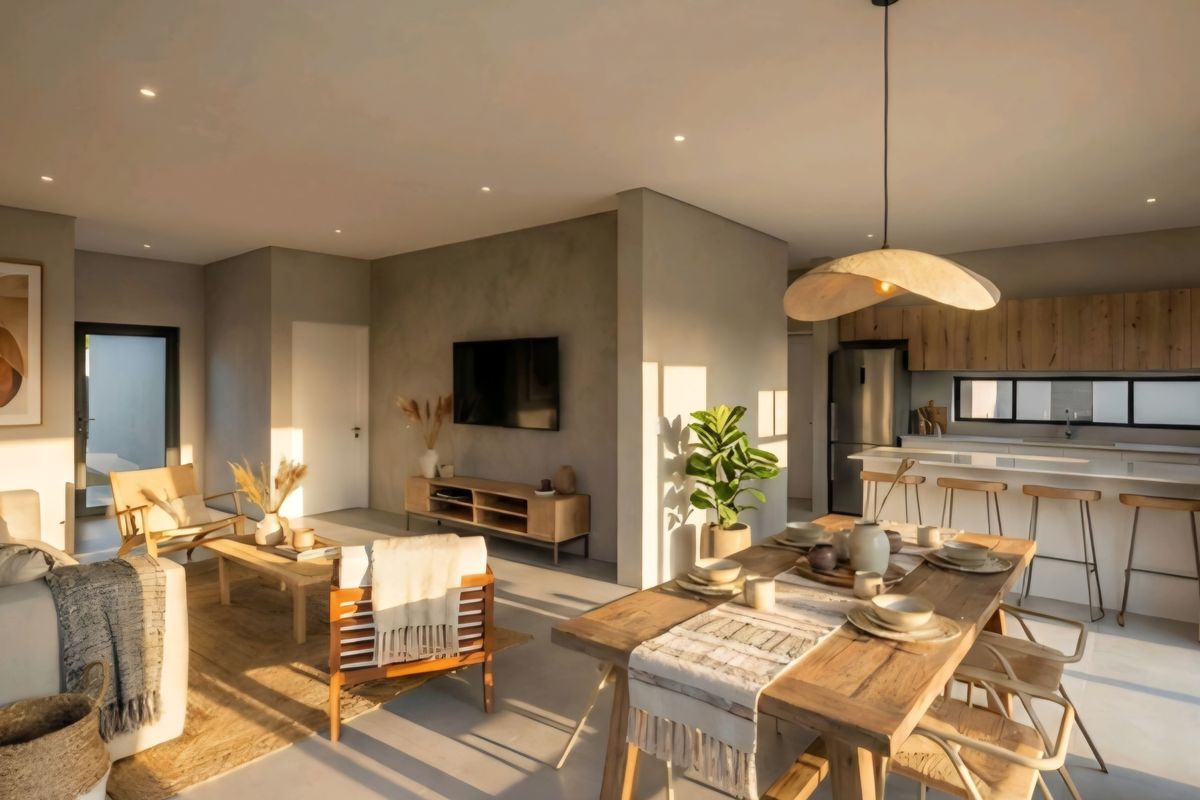 A bright, modern open-plan living, dining, and kitchen area featuring polished concrete floors, recessed lighting, and a contemporary kitchen with integrated cabinetry.