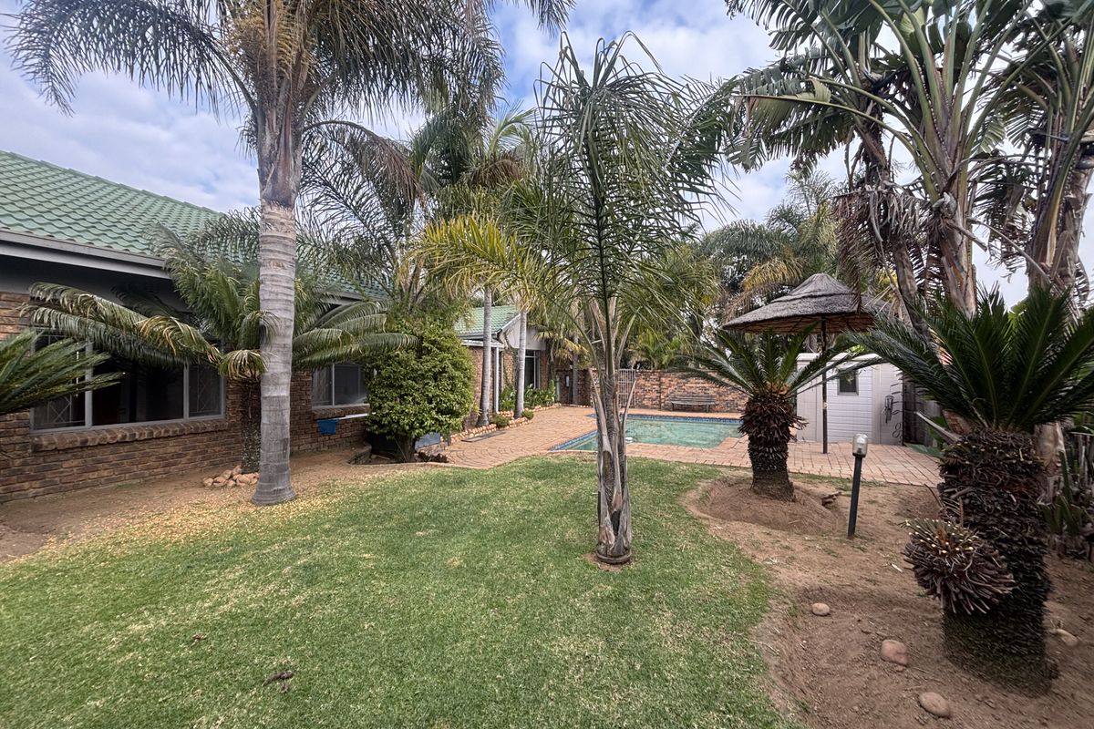 A spacious rear garden featuring a swimming pool, paved patio area, mature palm trees, and established landscaping adjacent to the brick-built house.