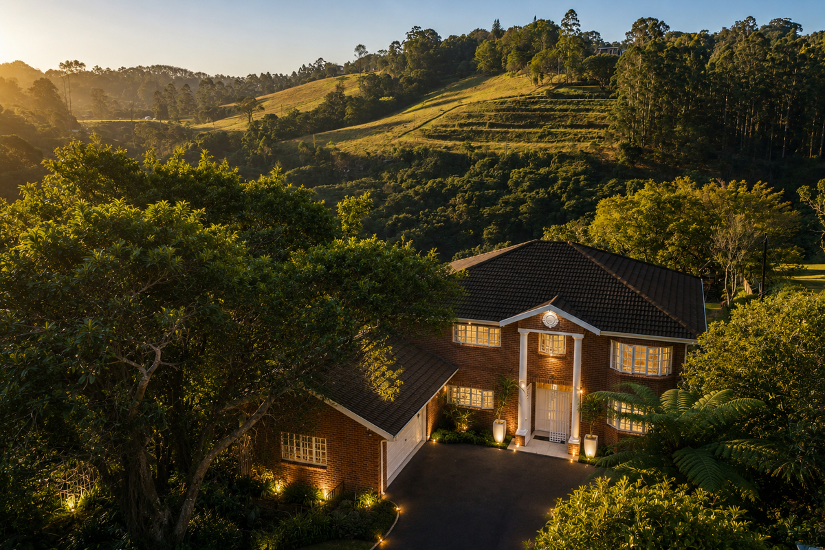 Aerial view of a double-story brick townhouse featuring a tiled roof, paved driveway, and landscaped surroundings set against a scenic hillside backdrop.