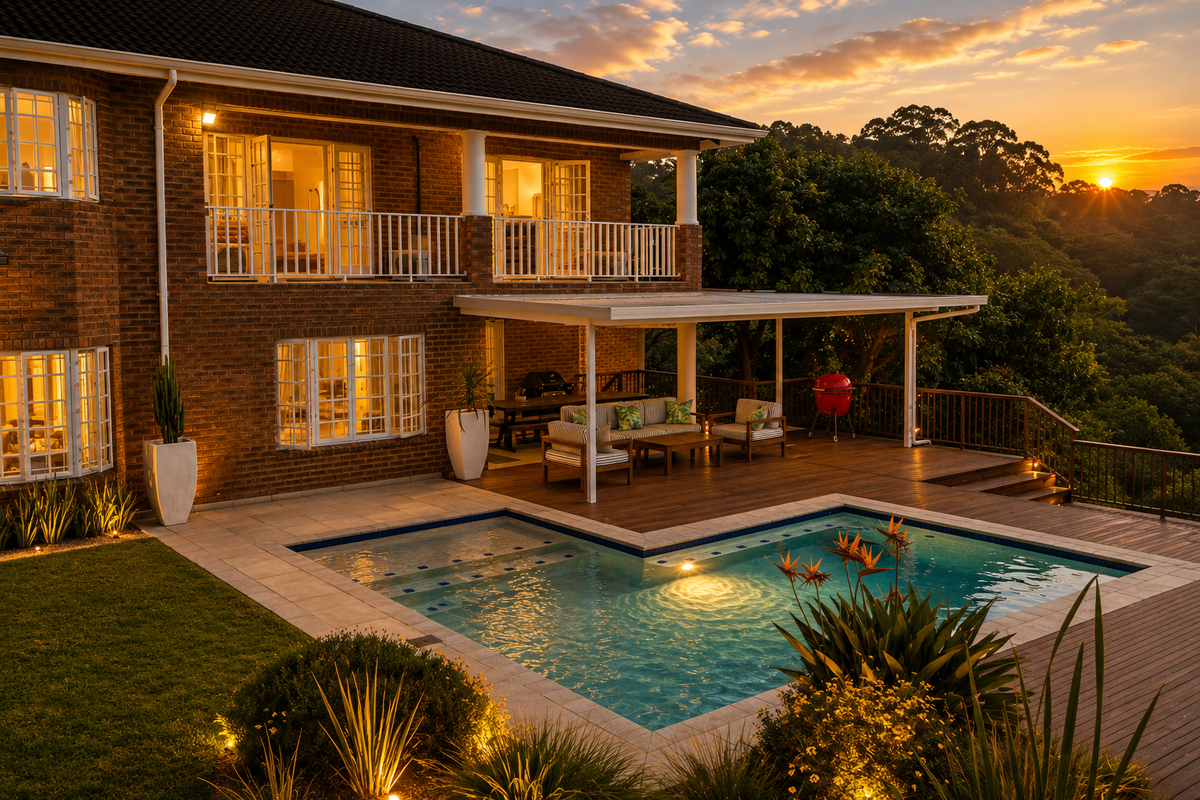 Stunning rear exterior view of a brick townhouse featuring a swimming pool, expansive timber deck, and a covered patio at sunset.