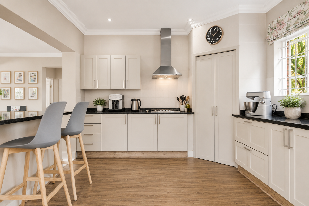 A well-maintained kitchen featuring neutral cabinetry, granite countertops, a stainless steel extractor fan, and a breakfast bar area with laminate flooring.