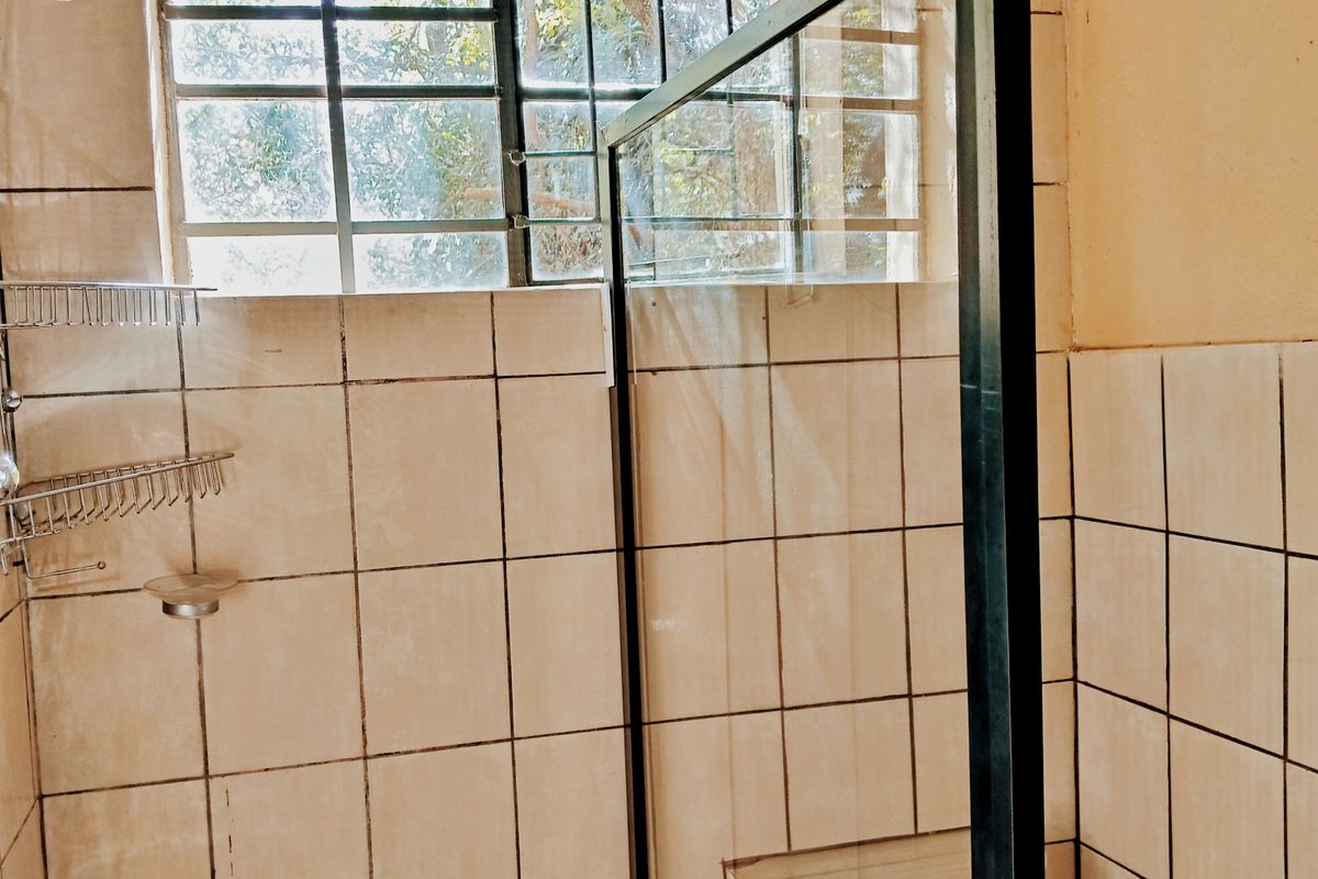 A functional bathroom shower area featuring tiled walls, a glass enclosure, and a metal-framed window, currently in need of cosmetic updates.