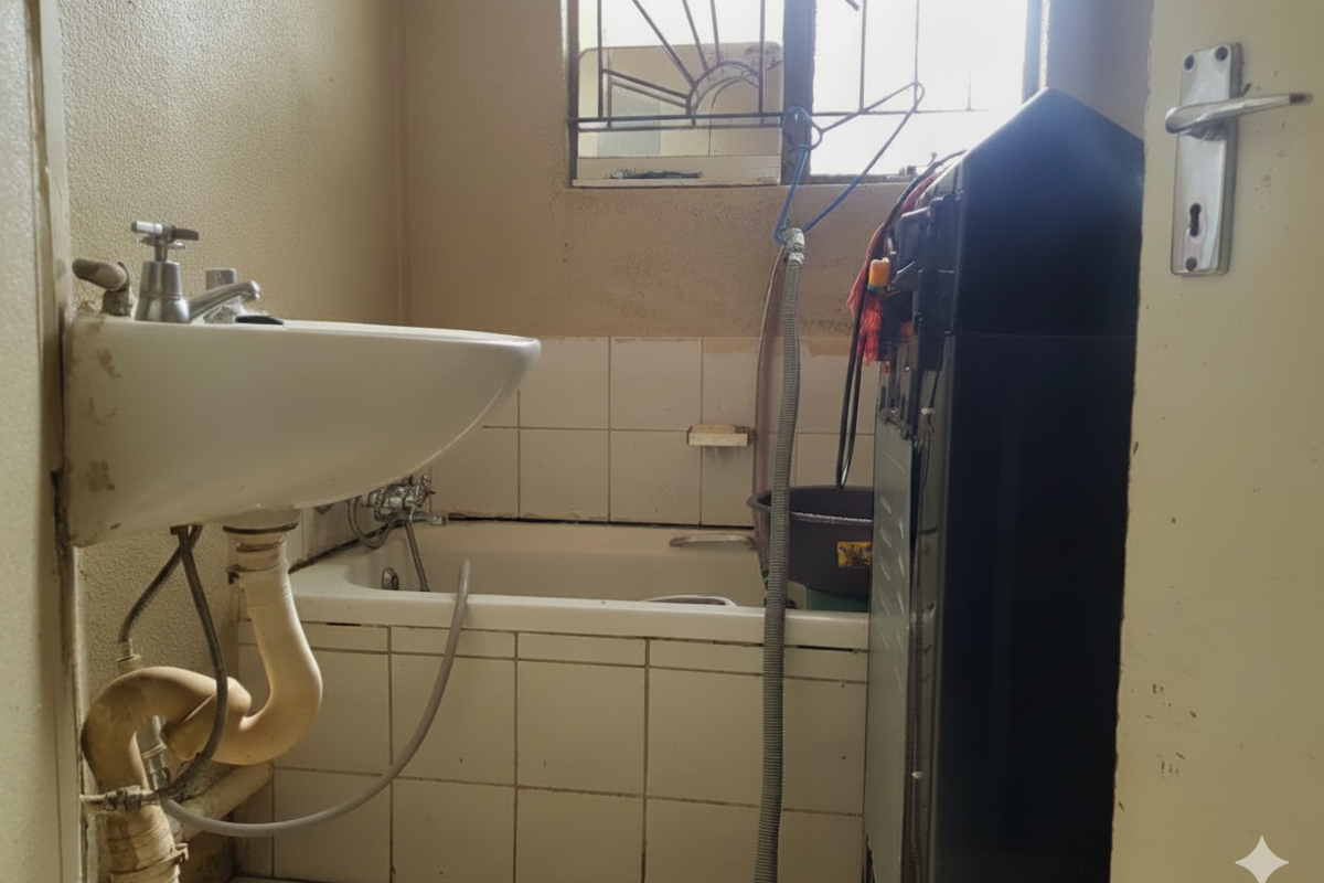A compact bathroom featuring a wall-mounted basin and a built-in bathtub with tiled splashbacks, requiring cosmetic updates and maintenance to improve functionality and appearance.