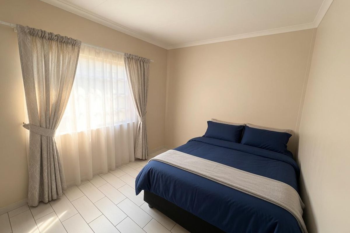 A bright and neutral bedroom featuring tiled flooring and natural light through large windows.