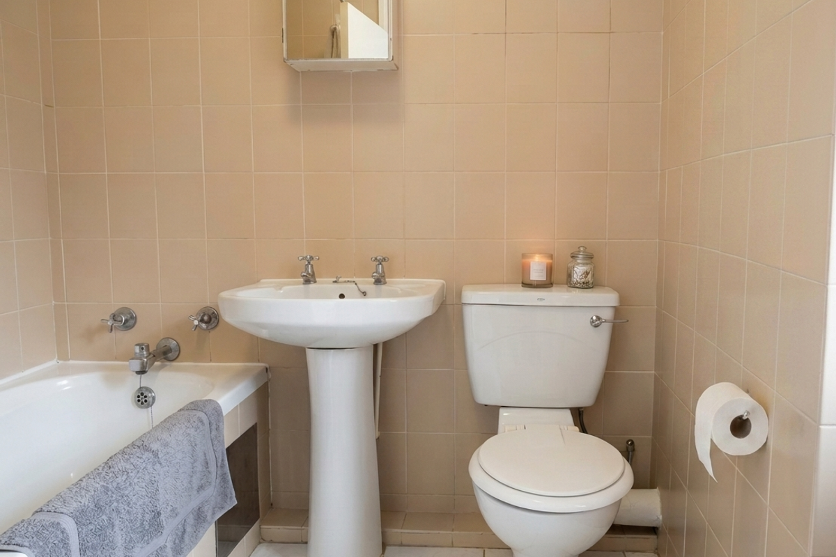 A functional bathroom featuring a pedestal basin, bathtub, and toilet, finished with neutral wall tiling and a wall-mounted medicine cabinet.