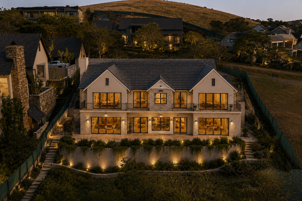 A stunning rear elevation of a luxury multi-story residence featuring stone cladding, expansive balconies, a paved patio, and beautifully illuminated tiered garden landscaping.