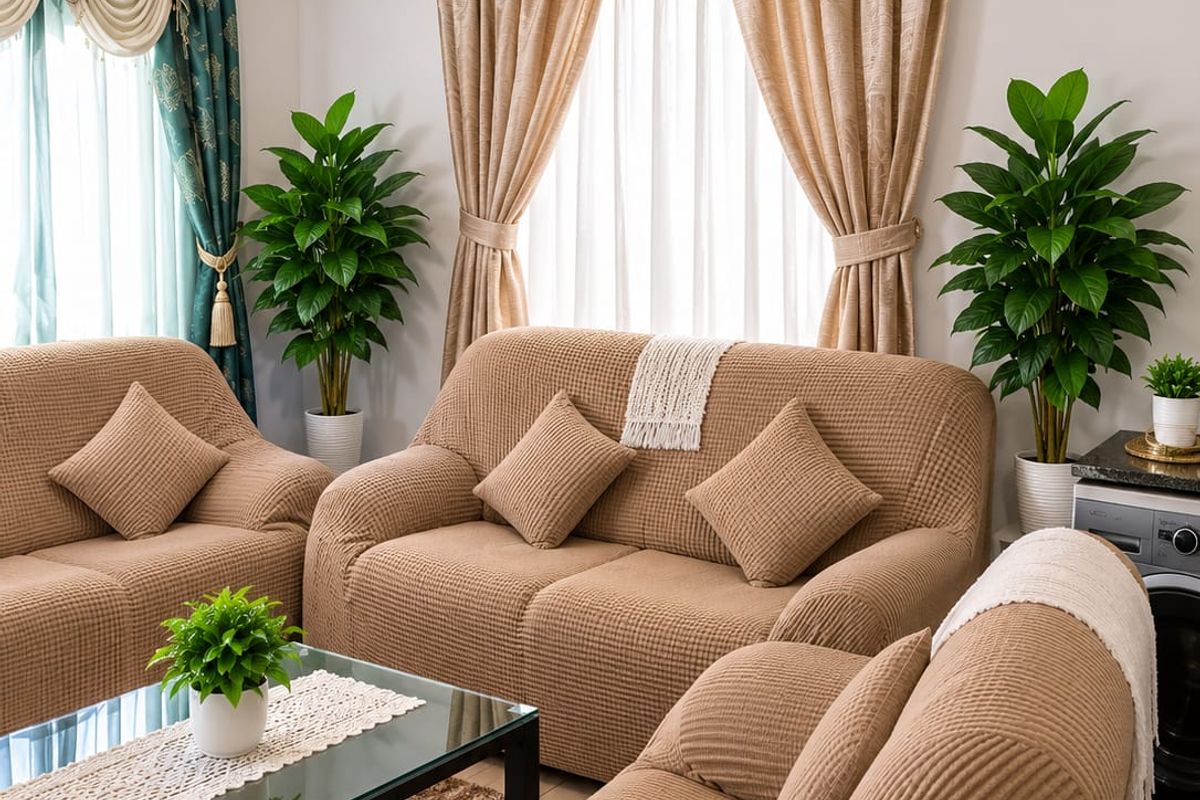 A comfortable living room area featuring tiled flooring and dual window treatments with curtain rails.