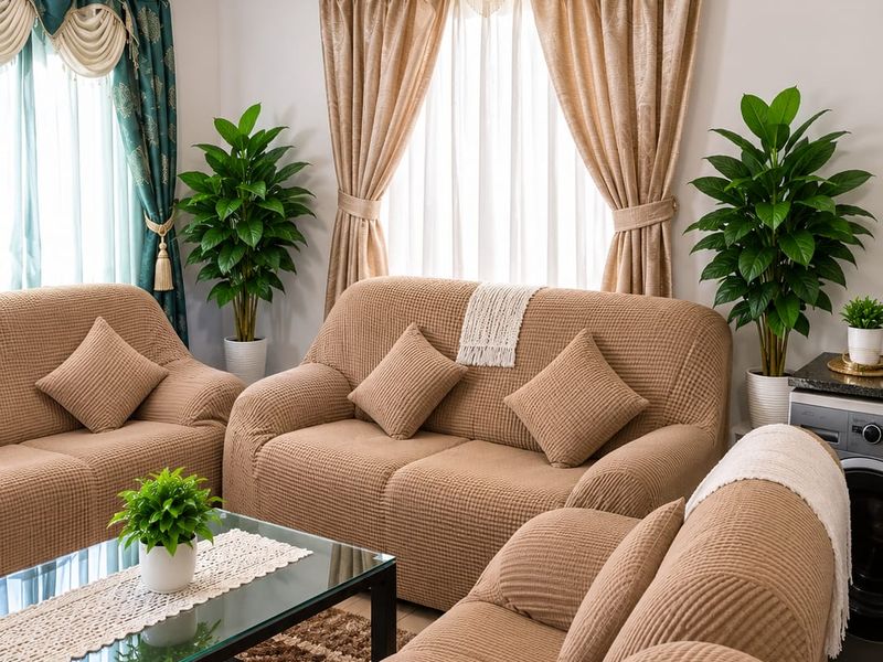 A comfortable living room area featuring tiled flooring and dual window treatments with curtain rails.