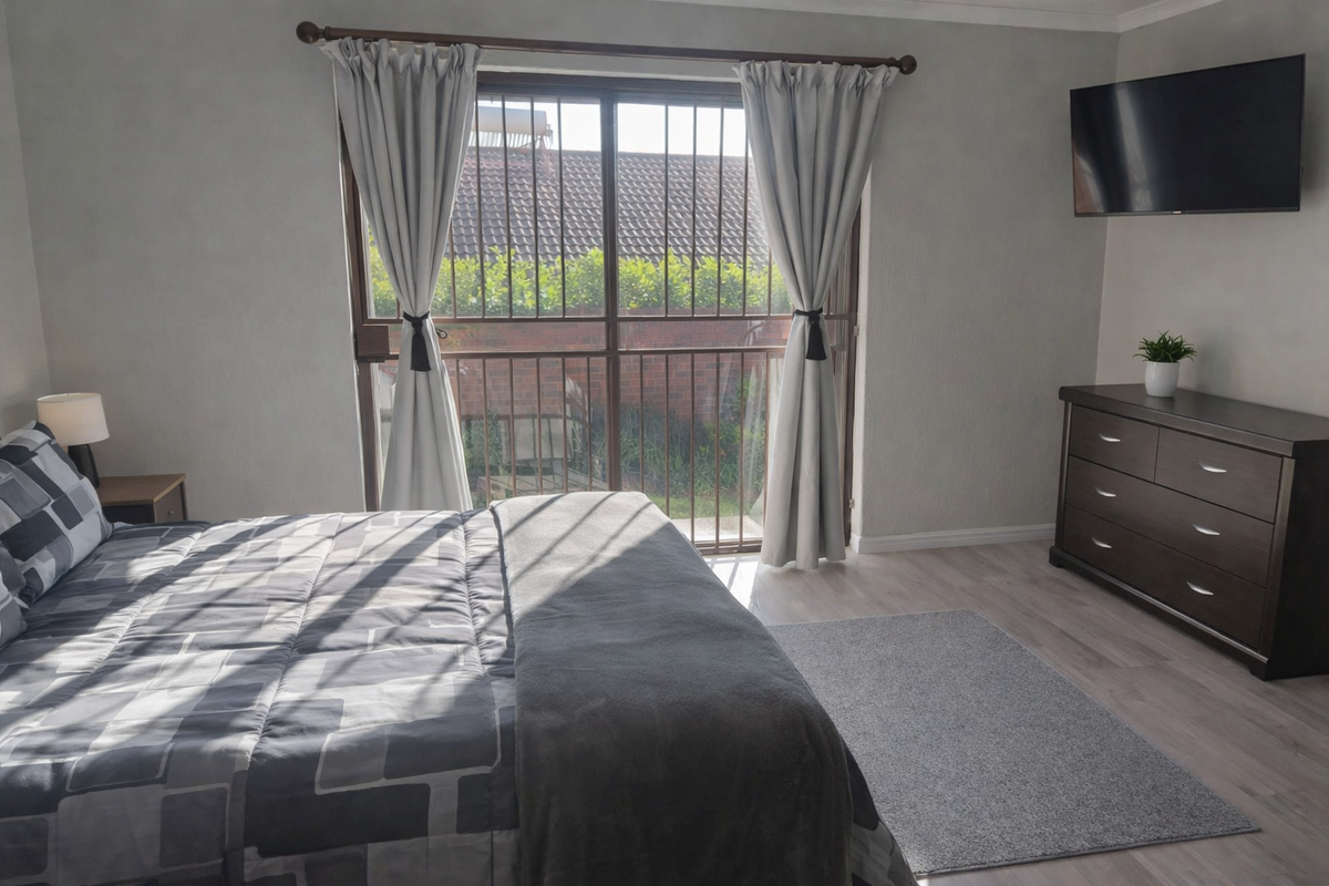 A well-maintained bedroom featuring light laminate flooring and a sliding glass door with integrated security gate, providing access to the exterior.