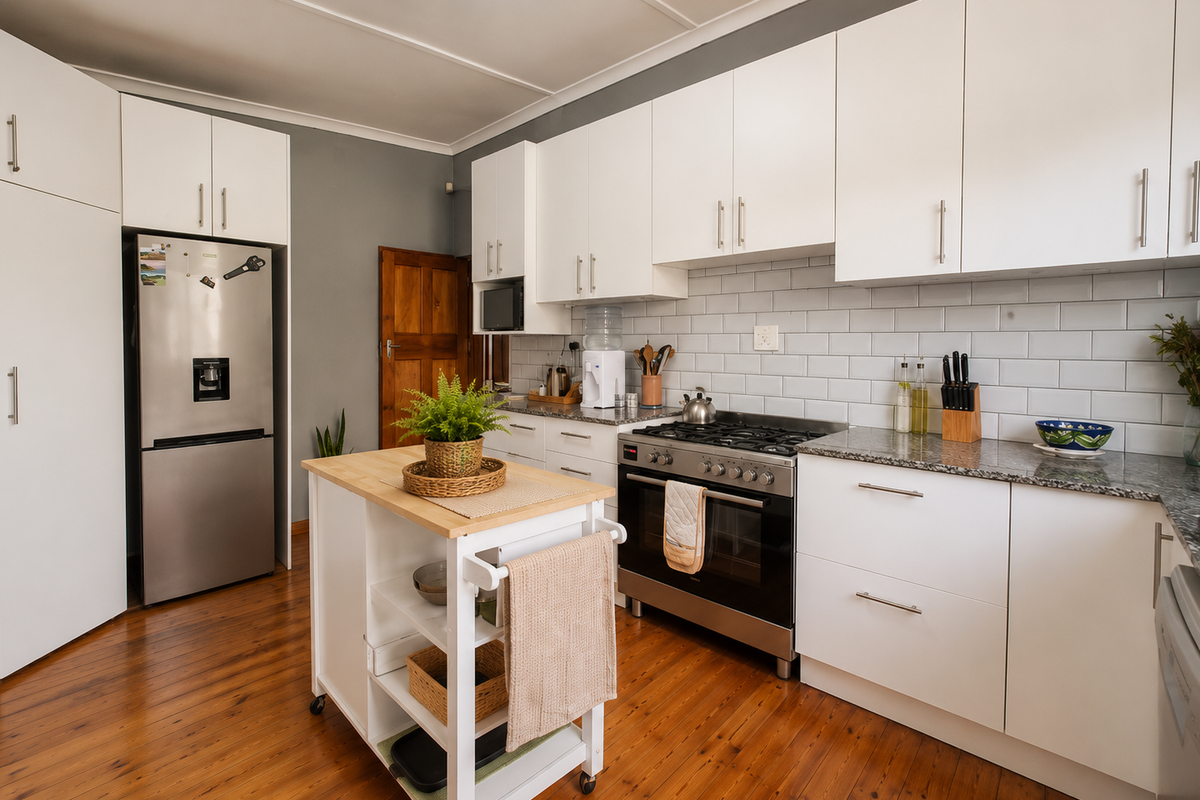 A well-maintained kitchen featuring white cabinetry, subway tile backsplash, granite countertops, gas stove, and warm hardwood flooring.