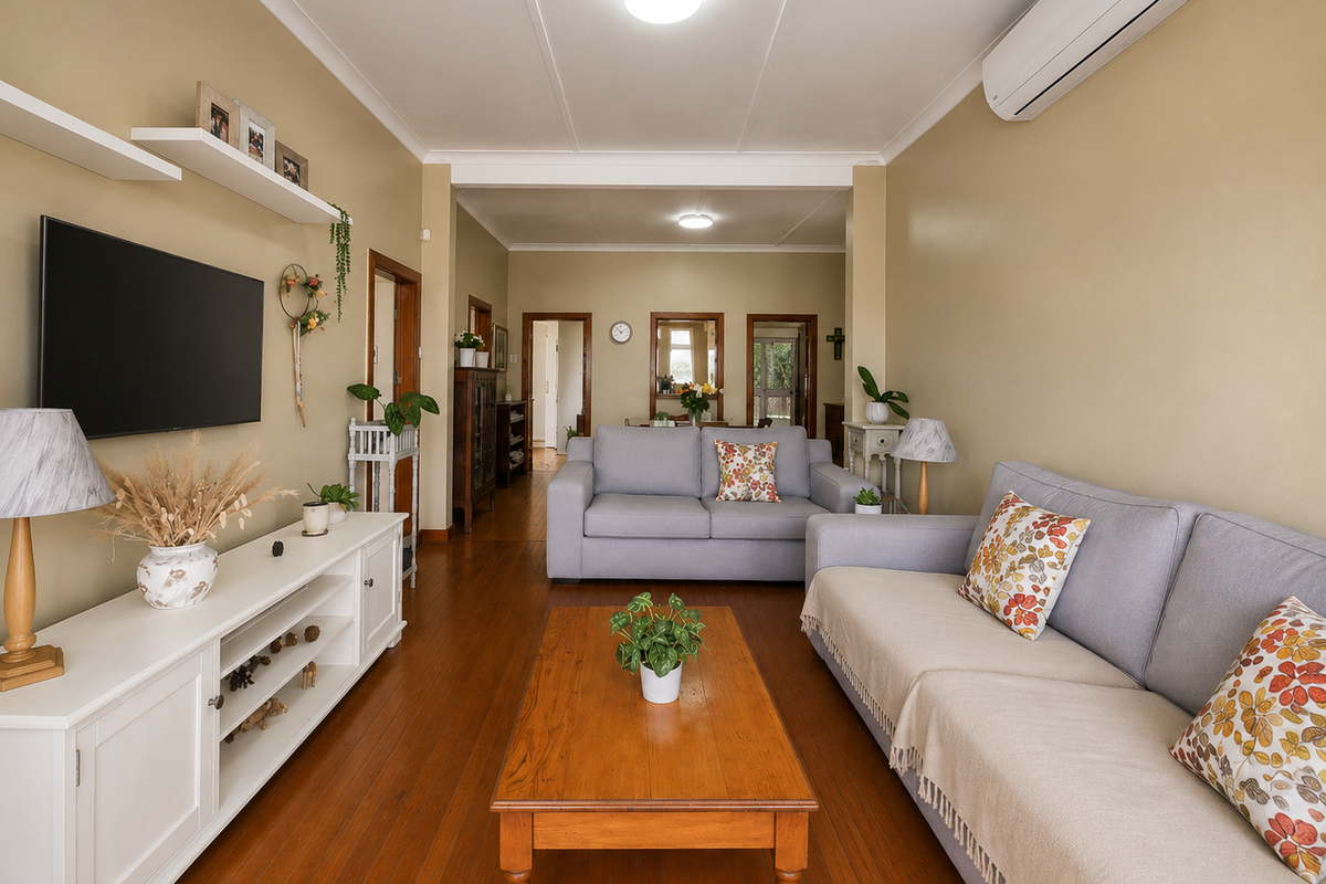 A well-maintained living room featuring polished hardwood flooring, a coffered ceiling, and a wall-mounted split-system air conditioning unit.