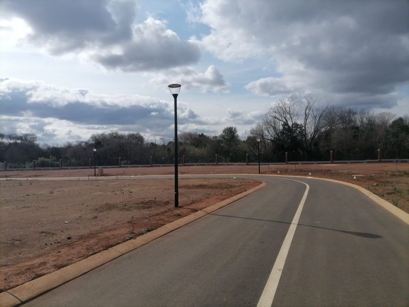 A view of a paved residential street within a vacant land development, featuring installed street lighting and perimeter fencing.