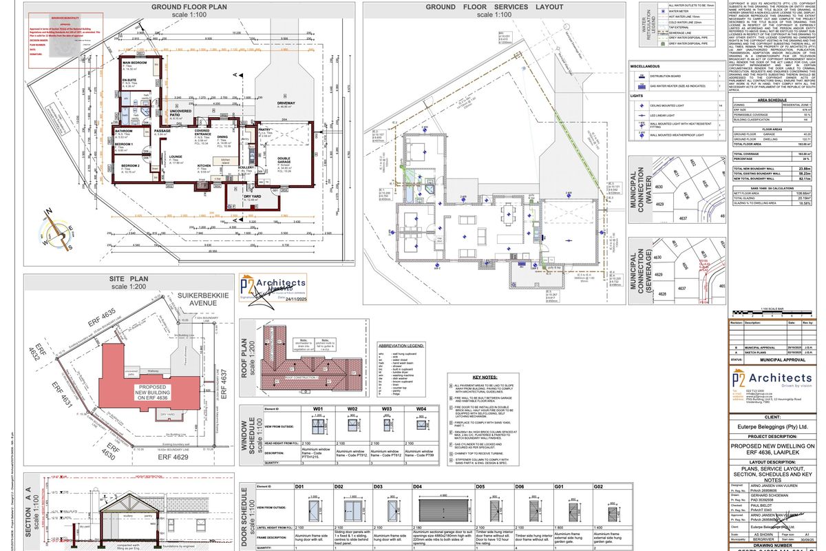Architectural floor plan and site layout for a proposed new dwelling, including service layouts, window and door schedules, and site specifications.