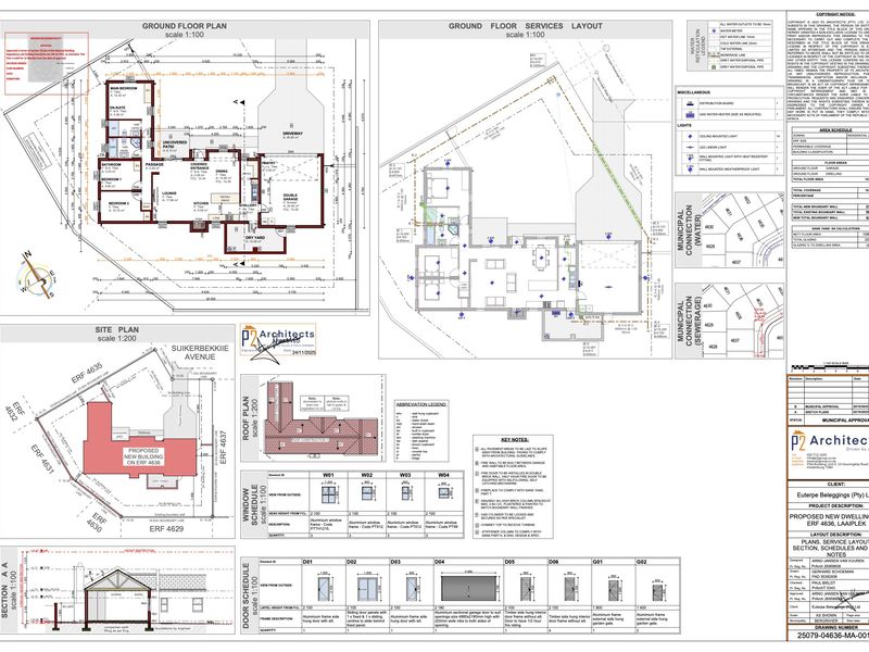 Architectural floor plan and site layout for a proposed new dwelling, including service layouts, window and door schedules, and site specifications.