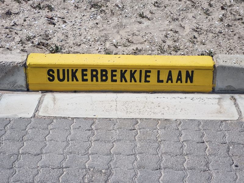 A street-level view showing a painted concrete kerb with the street name Suikerbekkie Laan and adjacent paving.