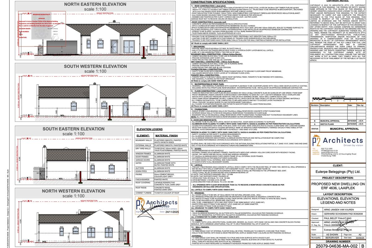 Architectural elevation drawings and construction specifications for a proposed new dwelling, detailing materials, finishes, and structural requirements.