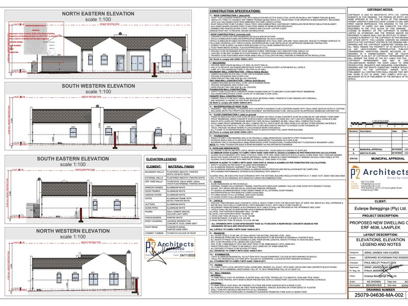 Architectural elevation drawings and construction specifications for a proposed new dwelling, detailing materials, finishes, and structural requirements.
