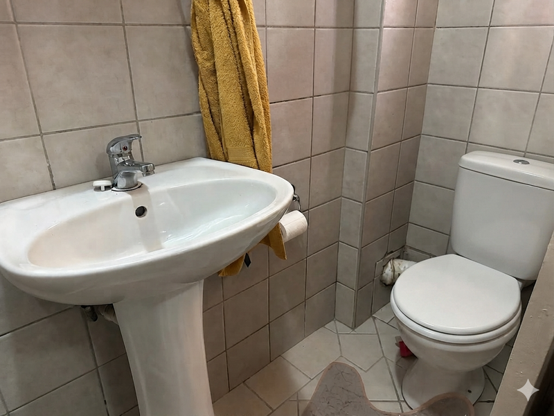 Compact bathroom featuring a pedestal washbasin and standard toilet with neutral ceramic wall and floor tiling.
