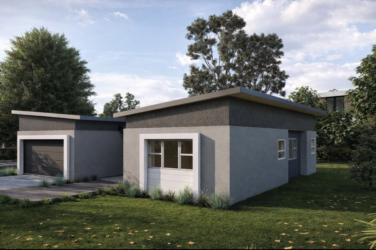 Modern cluster home exterior featuring a clean facade, skillion roof design, and an integrated garage with a paved driveway.