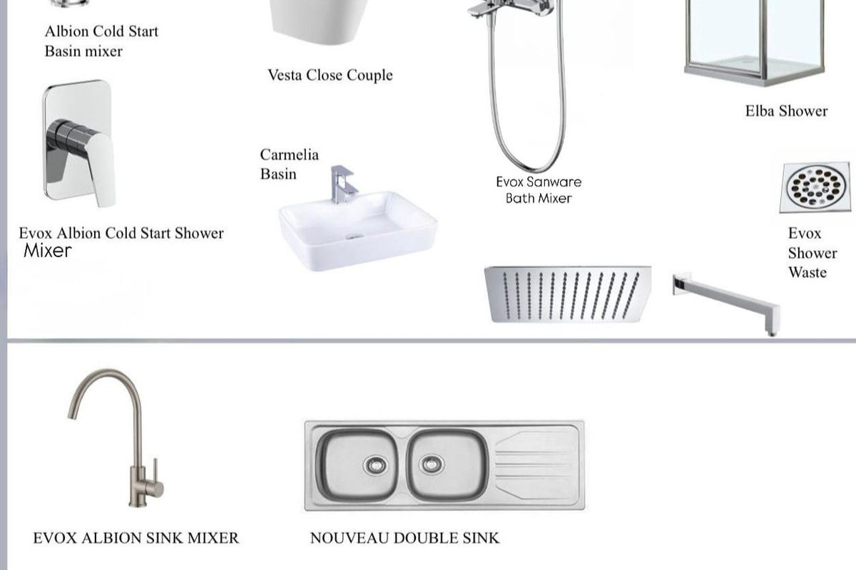 A product catalogue display showcasing various bathroom and kitchen fixtures including mixers, basins, a shower enclosure, and a double sink.