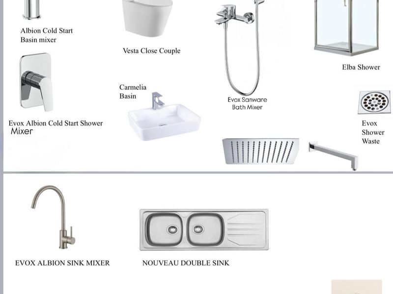 A product catalogue display showcasing various bathroom and kitchen fixtures including mixers, basins, a shower enclosure, and a double sink.