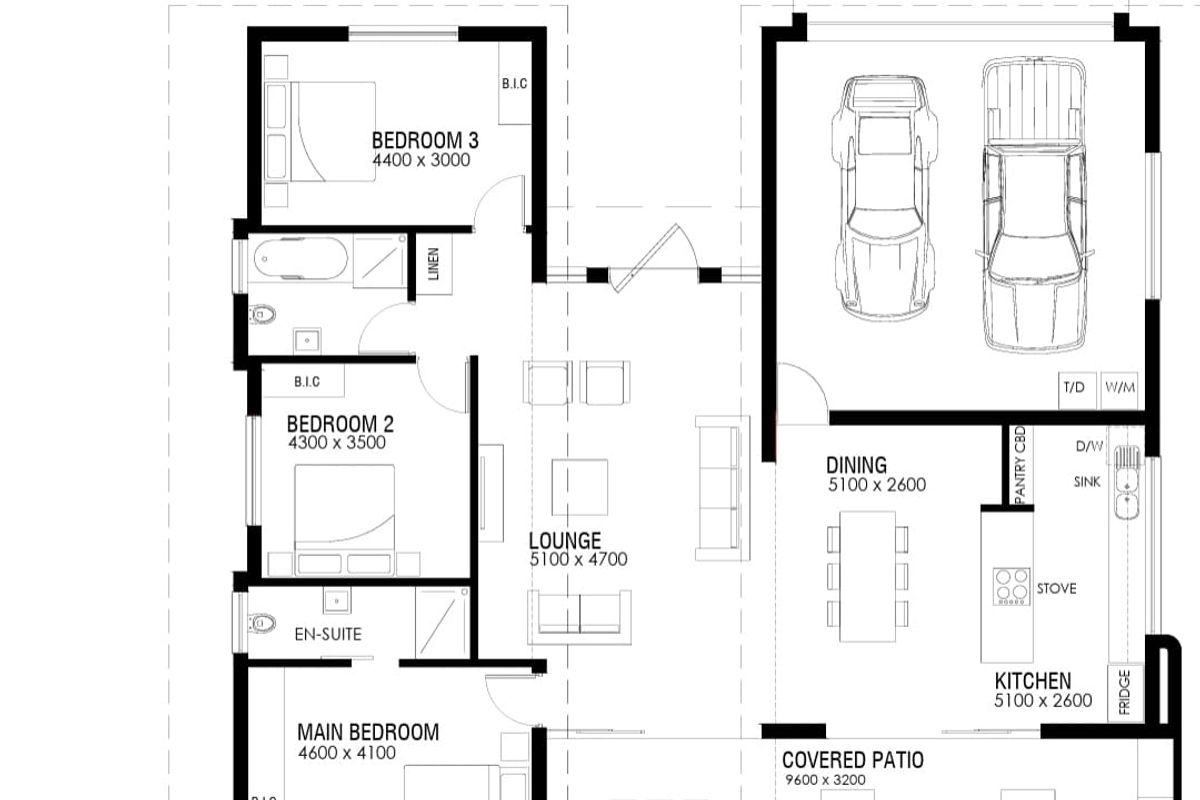 A detailed ground floor architectural floor plan showing the layout of the bedrooms, lounge, kitchen, dining area, garage, and covered patio.
