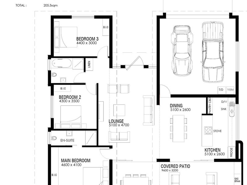 A detailed ground floor architectural floor plan showing the layout of the bedrooms, lounge, kitchen, dining area, garage, and covered patio.