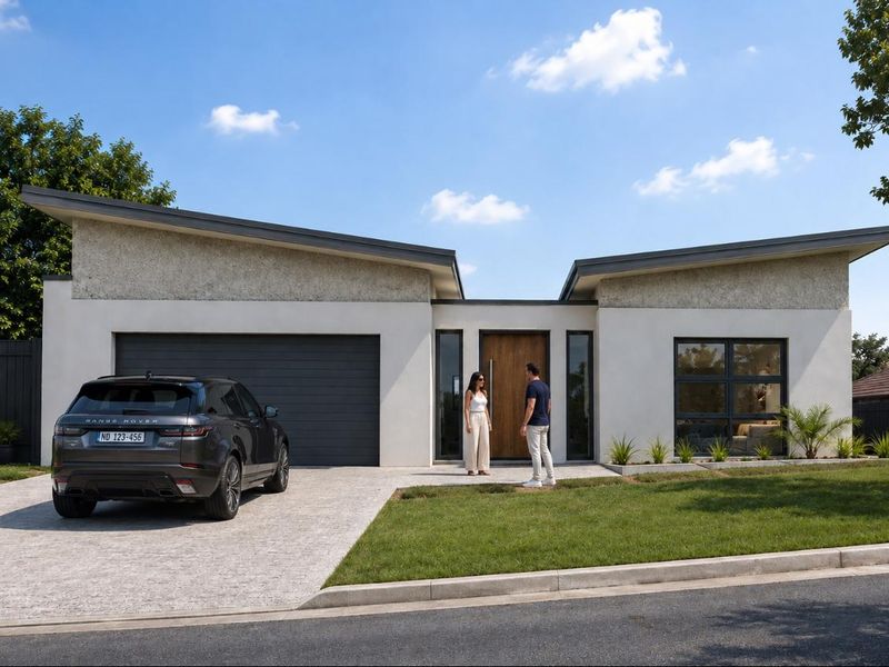 Modern cluster home featuring a striking asymmetrical butterfly roof, paved driveway, double garage, and a contemporary pivot entrance door.