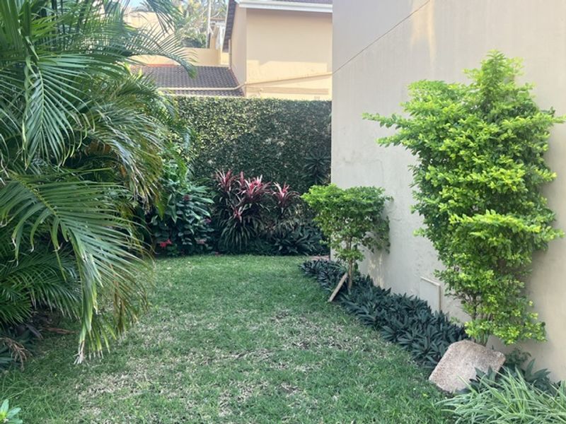 A well-maintained rear garden area featuring established landscaping, lush greenery, and a solid boundary wall providing privacy.