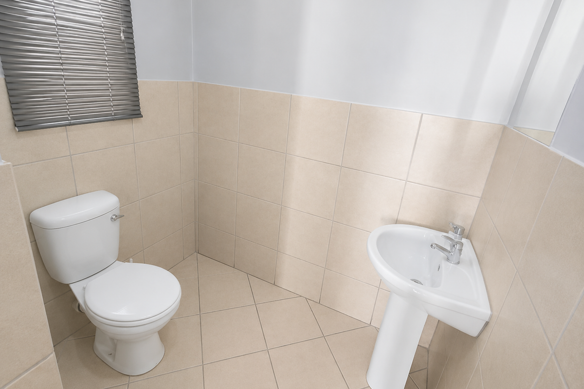 A clean and functional guest bathroom featuring a pedestal basin, toilet, and neutral ceramic tiling throughout.