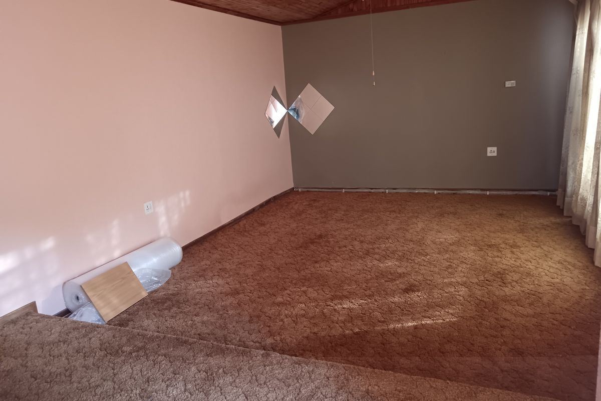 Spacious living area featuring a timber-clad ceiling, ceiling fan, and carpeted flooring, offering a blank canvas for renovation.