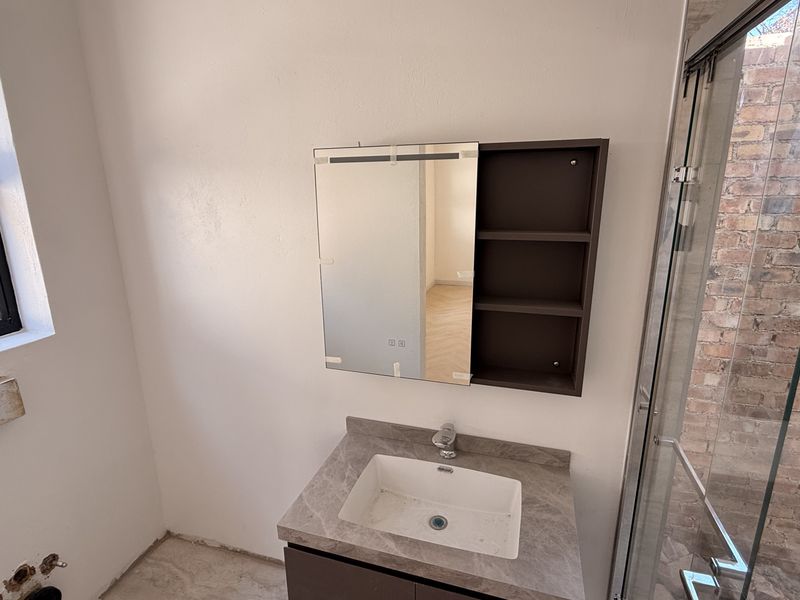Bathroom featuring a vanity with stone countertop, medicine cabinet, and shower enclosure. The space is currently undergoing renovation with exposed plumbing and unfinished wall sections.