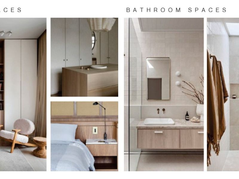 A collage showcasing various bedroom and bathroom interior spaces featuring modern cabinetry, built-in shelving, and contemporary bathroom fixtures.