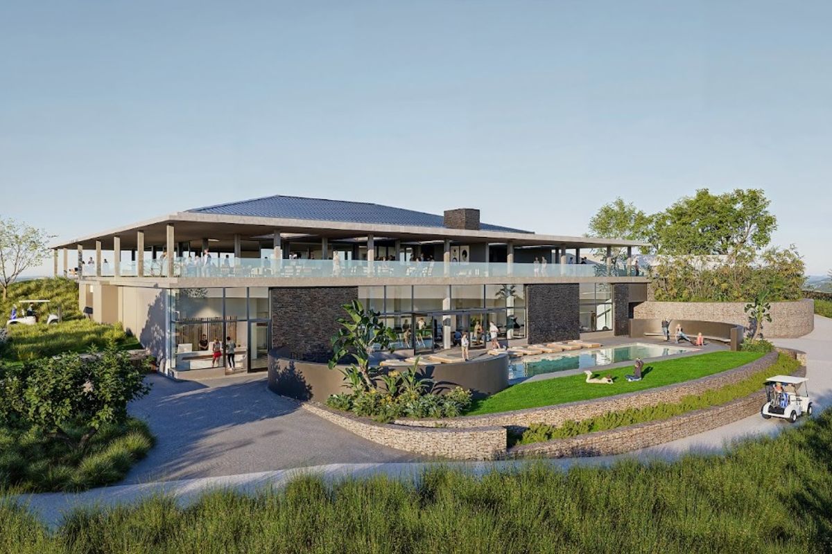 A modern architectural rendering of a multi-level property featuring a swimming pool, stone-clad exterior walls, and an expansive covered terrace area.