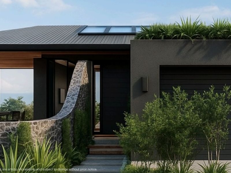 Modern architectural front facade featuring a stone feature wall, integrated garage, and rooftop garden elements.
