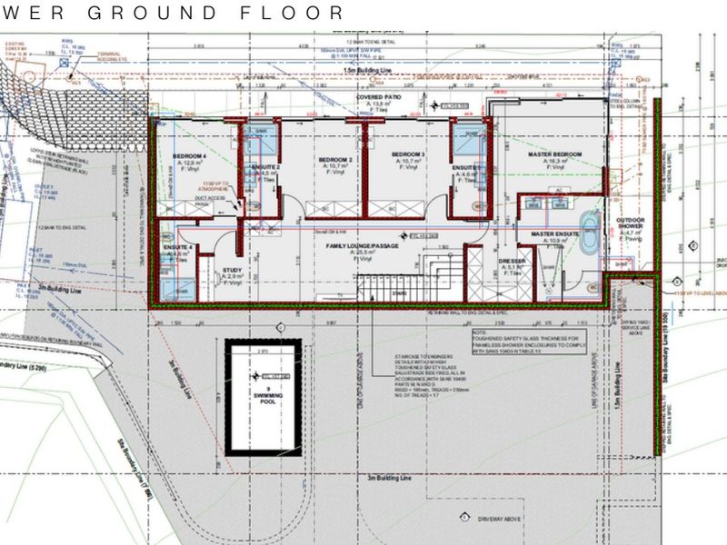 Architectural floor plan for the lower ground floor, detailing bedroom layouts, ensuite bathrooms, family lounge, covered patio, and swimming pool area.