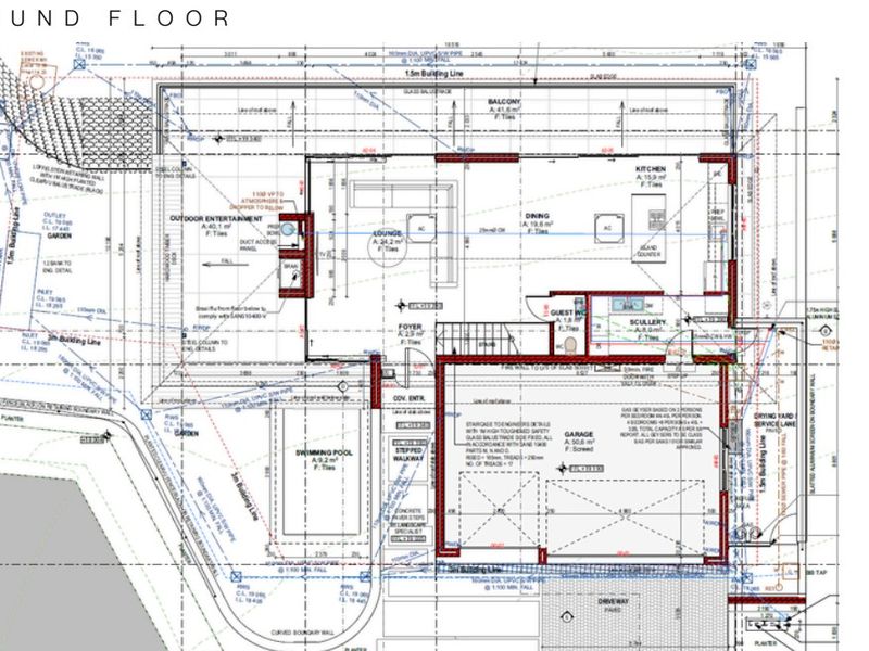 Architectural ground floor plan detailing the layout of the living areas, kitchen, garage, and outdoor entertainment space.