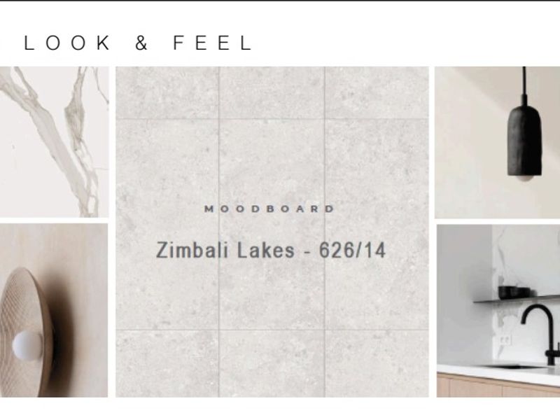 A mood board presentation showcasing proposed interior design finishes, materials, and aesthetic concepts for the Zimbali Lakes property development.