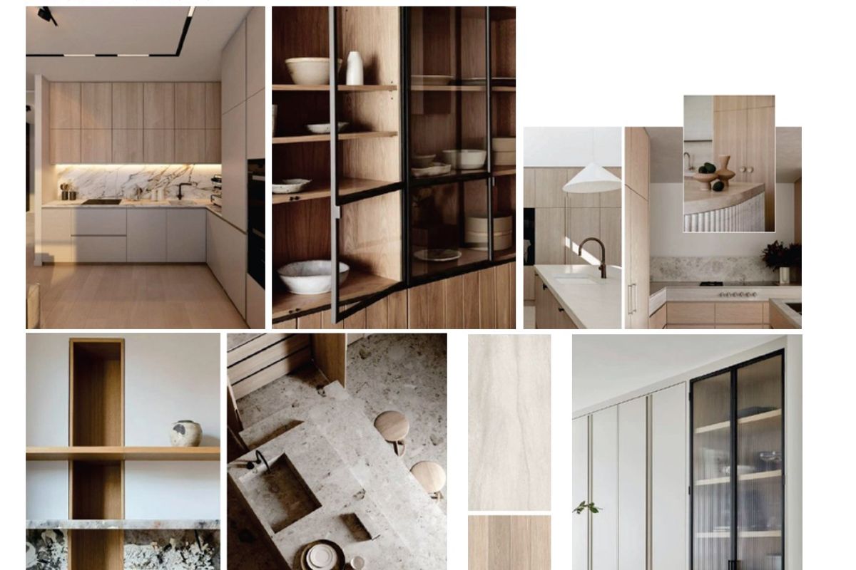 A collage showcasing modern kitchen design elements, featuring high-end cabinetry, stone surfaces, and integrated shelving solutions.