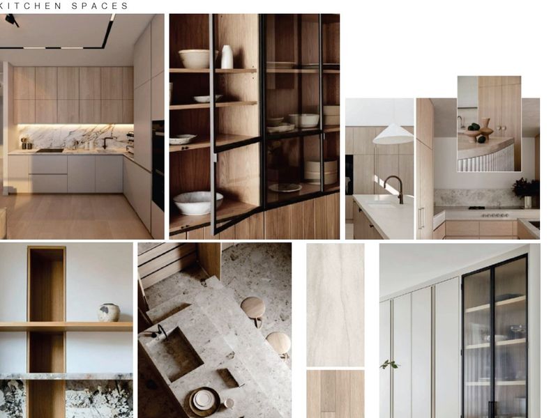 A collage showcasing modern kitchen design elements, featuring high-end cabinetry, stone surfaces, and integrated shelving solutions.